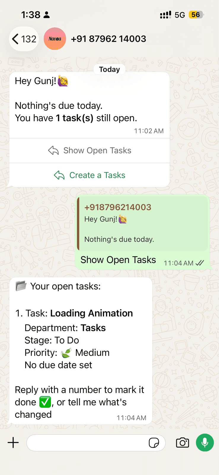 Updating tasks through the Navaa WhatsApp bot